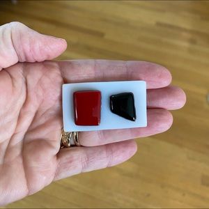 Hand Crafted Fused Glass Brooch. Red, Black and Bright White  1 3/4 inches x 1